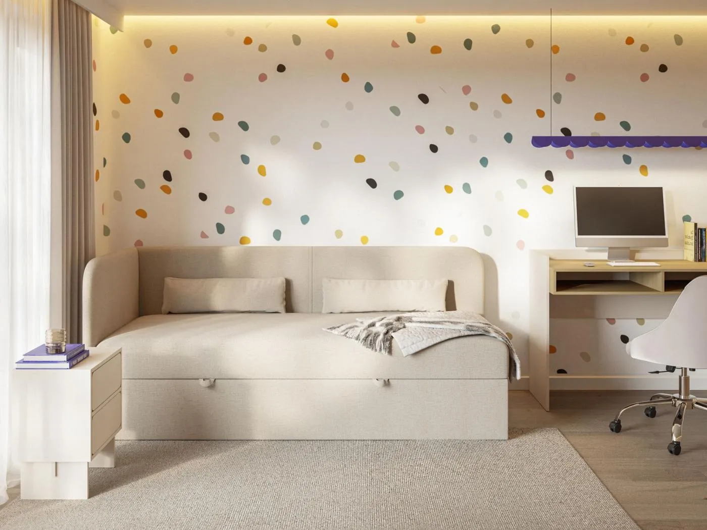 Jugendbett 90x200 mit Bettkasten – Chenille-Bezug – Kopfteil links – Hellbeige – CALMMO