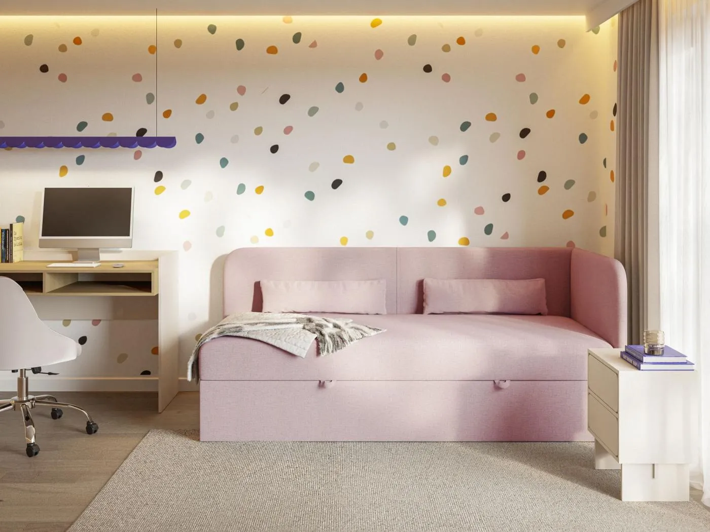 Jugendbett 90x200 mit Bettkasten – Chenille-Bezug – Kopfteil rechts – Rosa – CALMMO