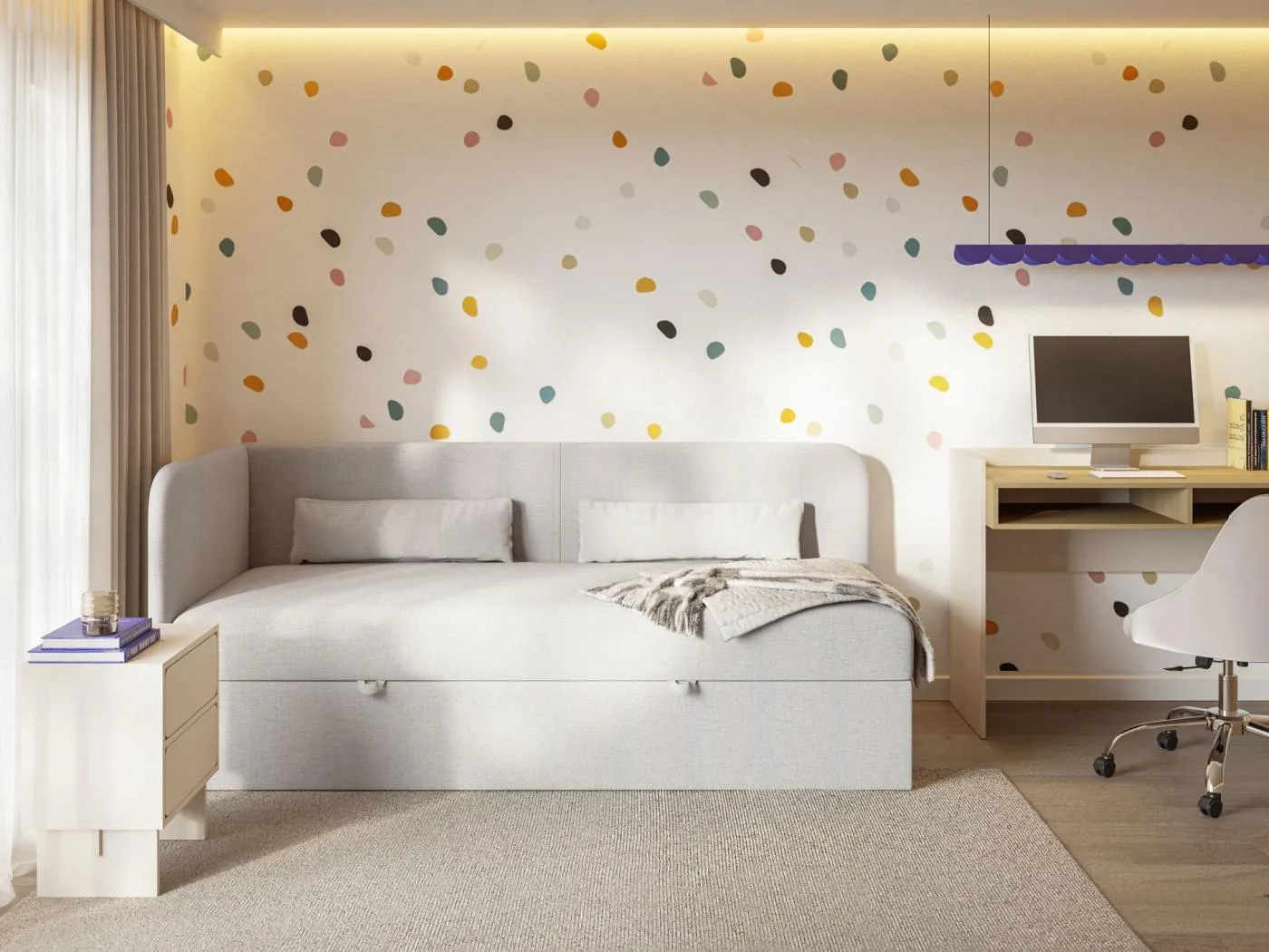 Jugendbett 90x200 mit Bettkasten – Chenille-Bezug – Kopfteil links – Hellgrau – CALMMO