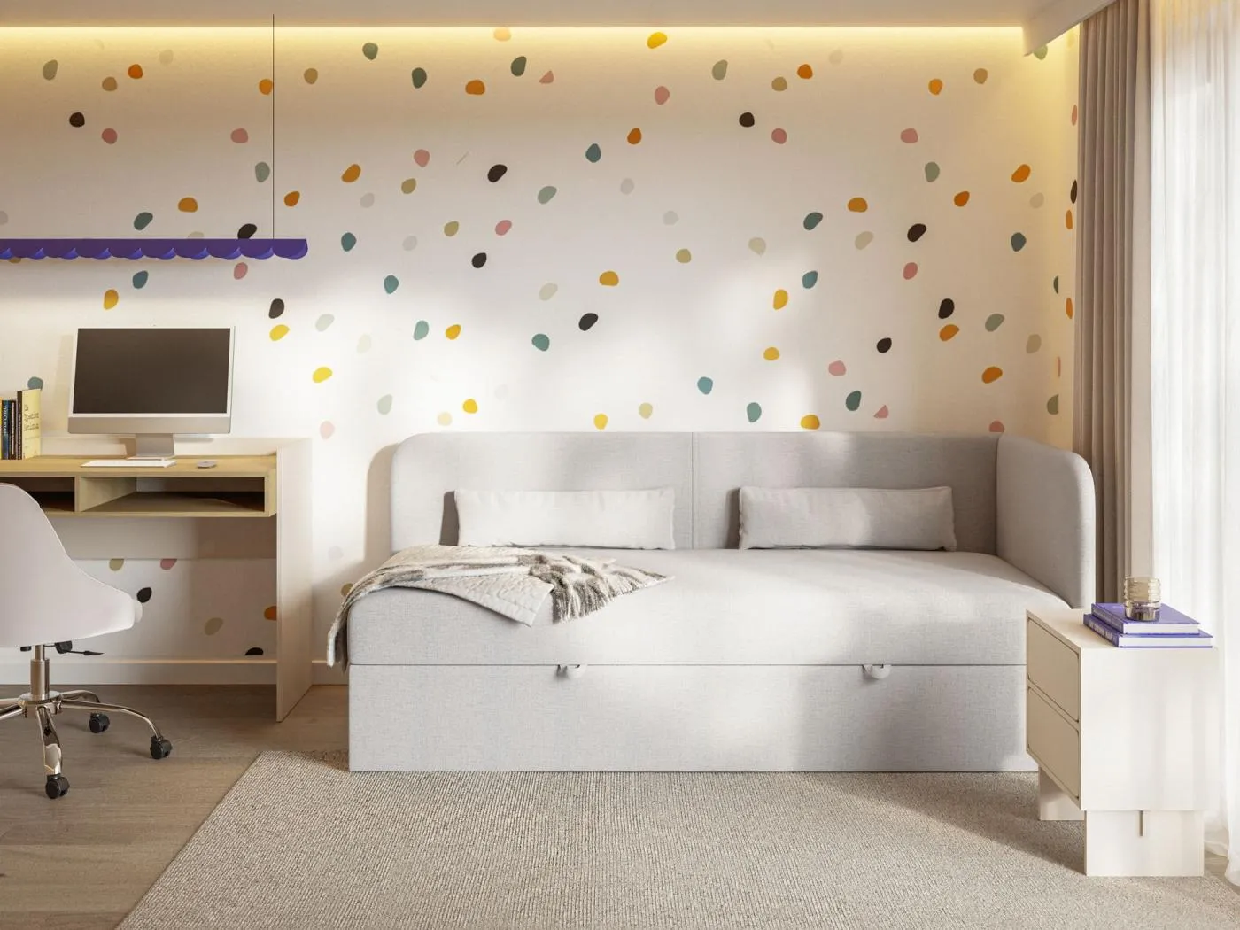 Jugendbett 90x200 mit Bettkasten – Chenille-Bezug – Kopfteil rechts – Hellgrau – CALMMO