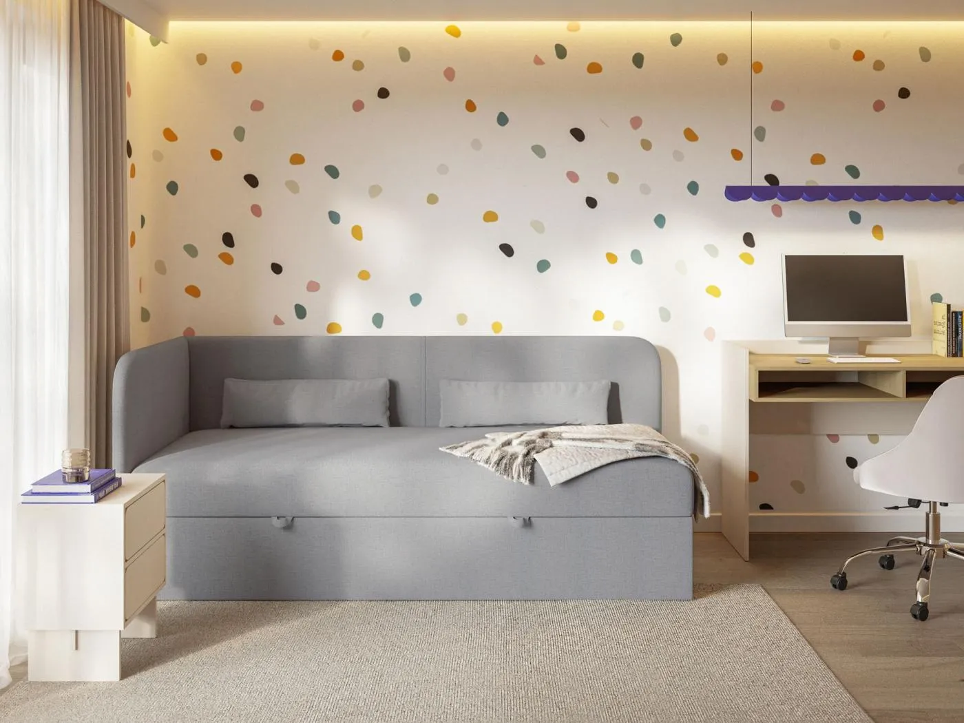 Jugendbett 90x200 mit Bettkasten – Chenille-Bezug – Kopfteil links – Dunkelgrau – CALMMO