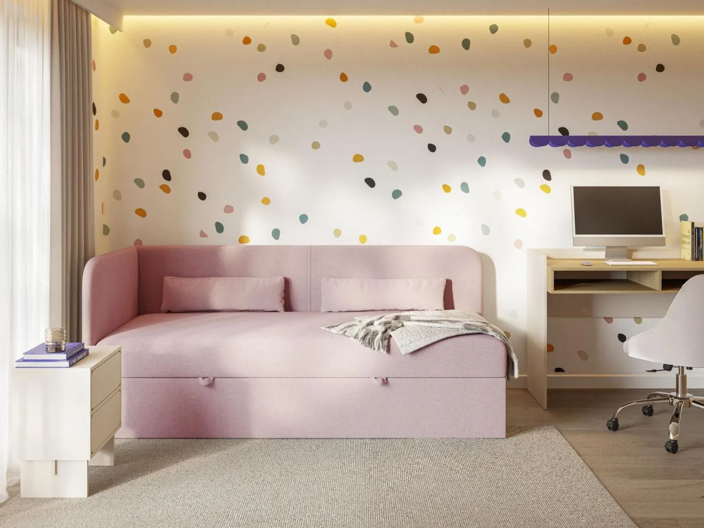 Jugendbett 90x200 mit Bettkasten – Chenille-Bezug – Kopfteil links – Rosa – CALMMO