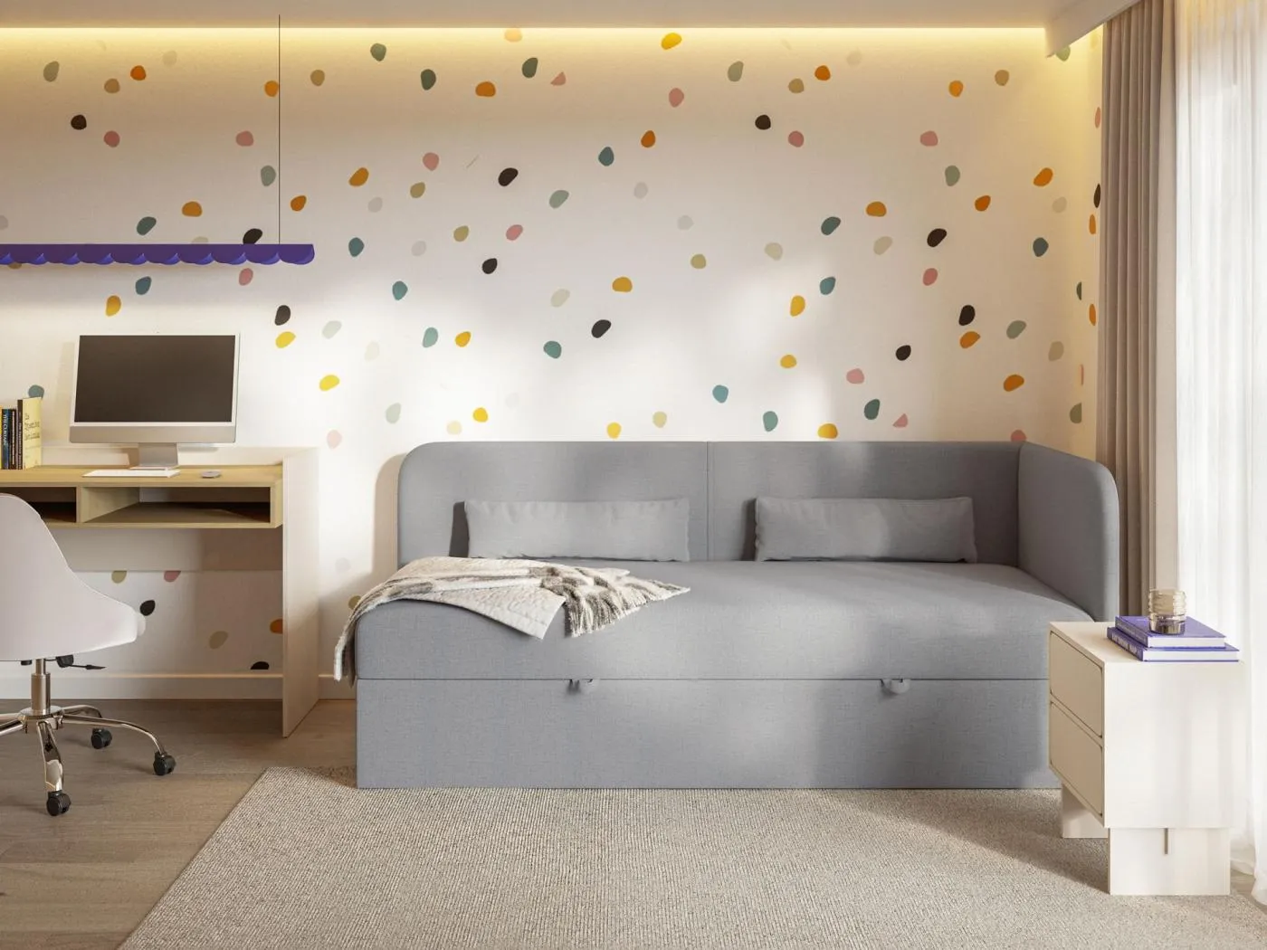 Jugendbett 90x200 mit Bettkasten – Chenille-Bezug – Kopfteil rechts – Dunkelgrau – CALMMO