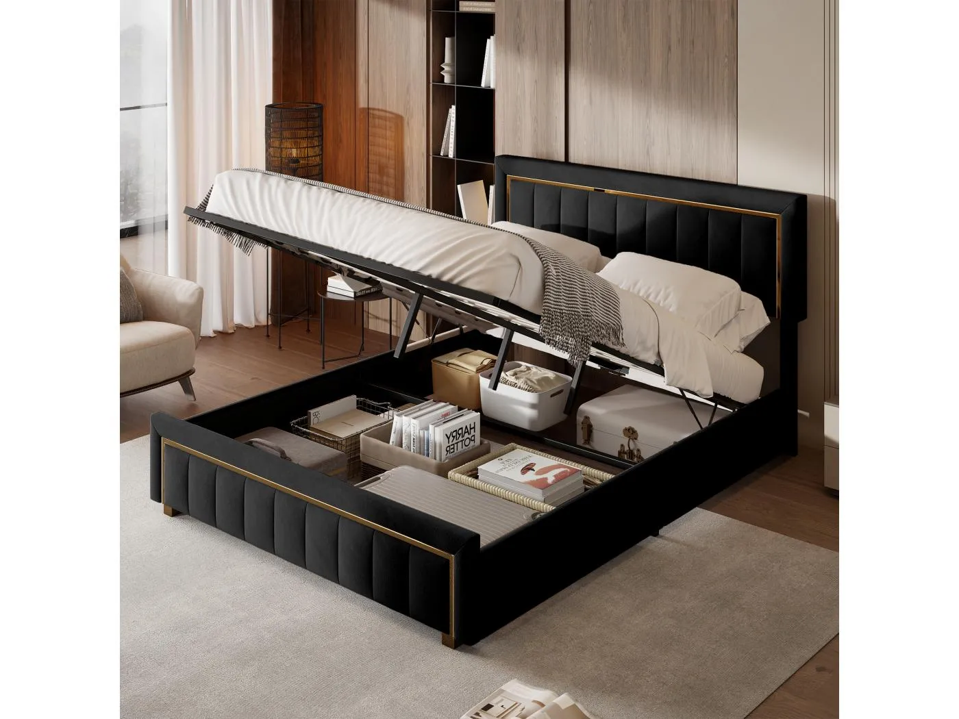 140x200 Stauraumbett mit Kopfteil, Polsterbett mit Lattenrost, Doppelbett, Schwarz