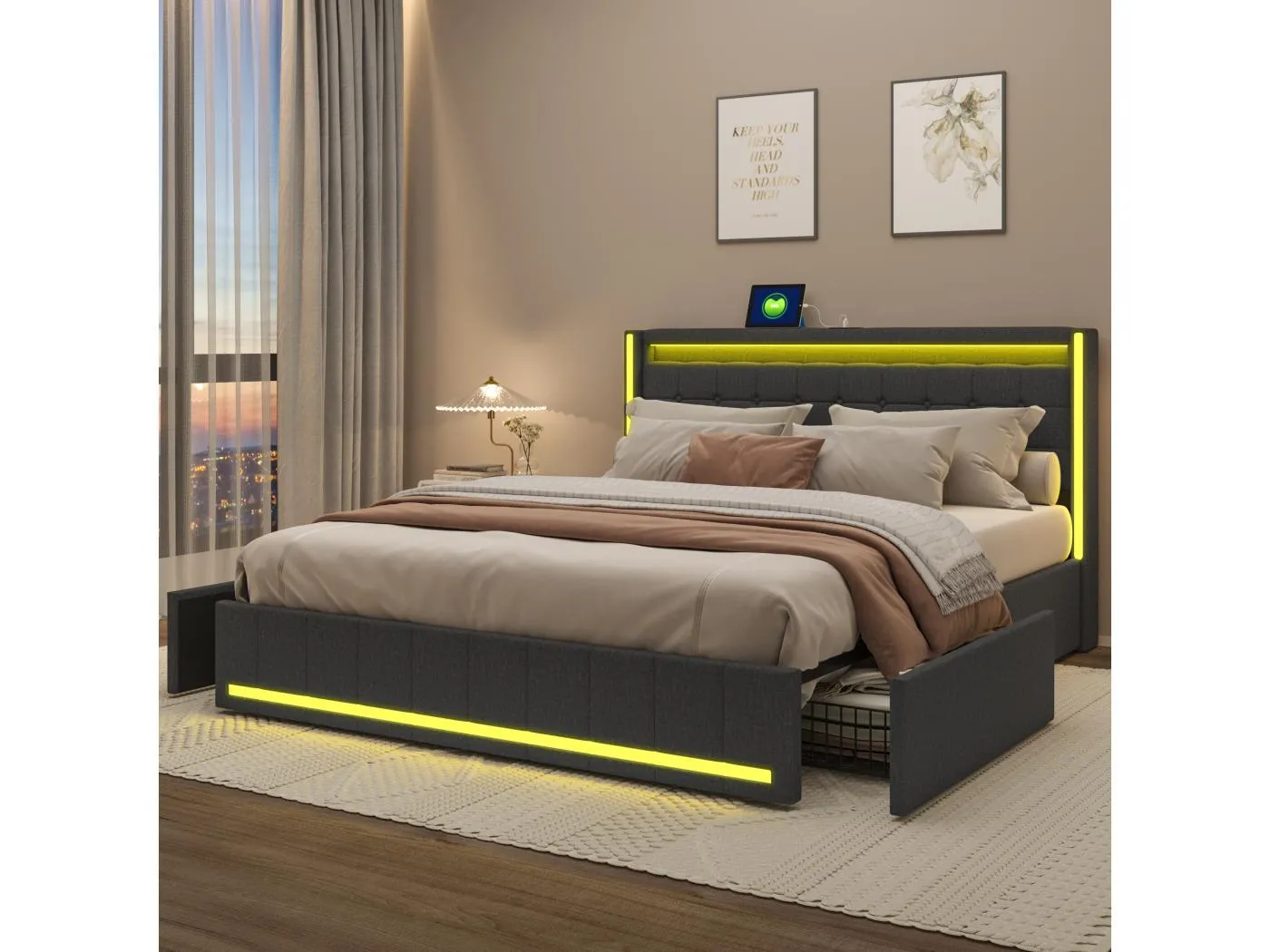 140x200 Bett mit LED und USB-Basis, 140x200 Stauraumbett mit Lattenrost und 4 Schubladen, Grau