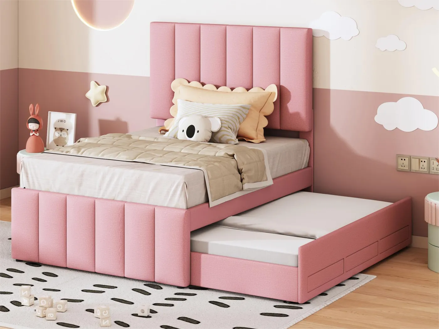 Ausziehbett 90 x 190/200 cm mit 3 Schubladen – Leinenstoff – Lattenrost – Rosa