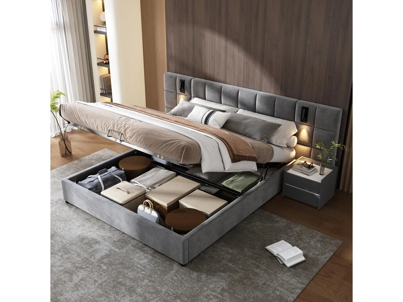 Stauraumbett mit verstellbarem Kopfteil – 160 x 200 cm – Samt – mit verstellbarer Lampe und USB – moderner Stil – Grau