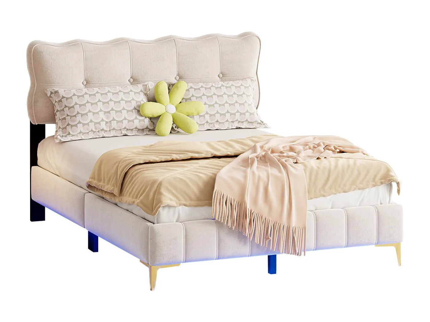 140 x 200 cm beige gepolstertes Doppelbett, Samtstoff, mit LED-Beleuchtung, flacher Nudelrahmen und Metallhochstuhl (ohne Matratze)