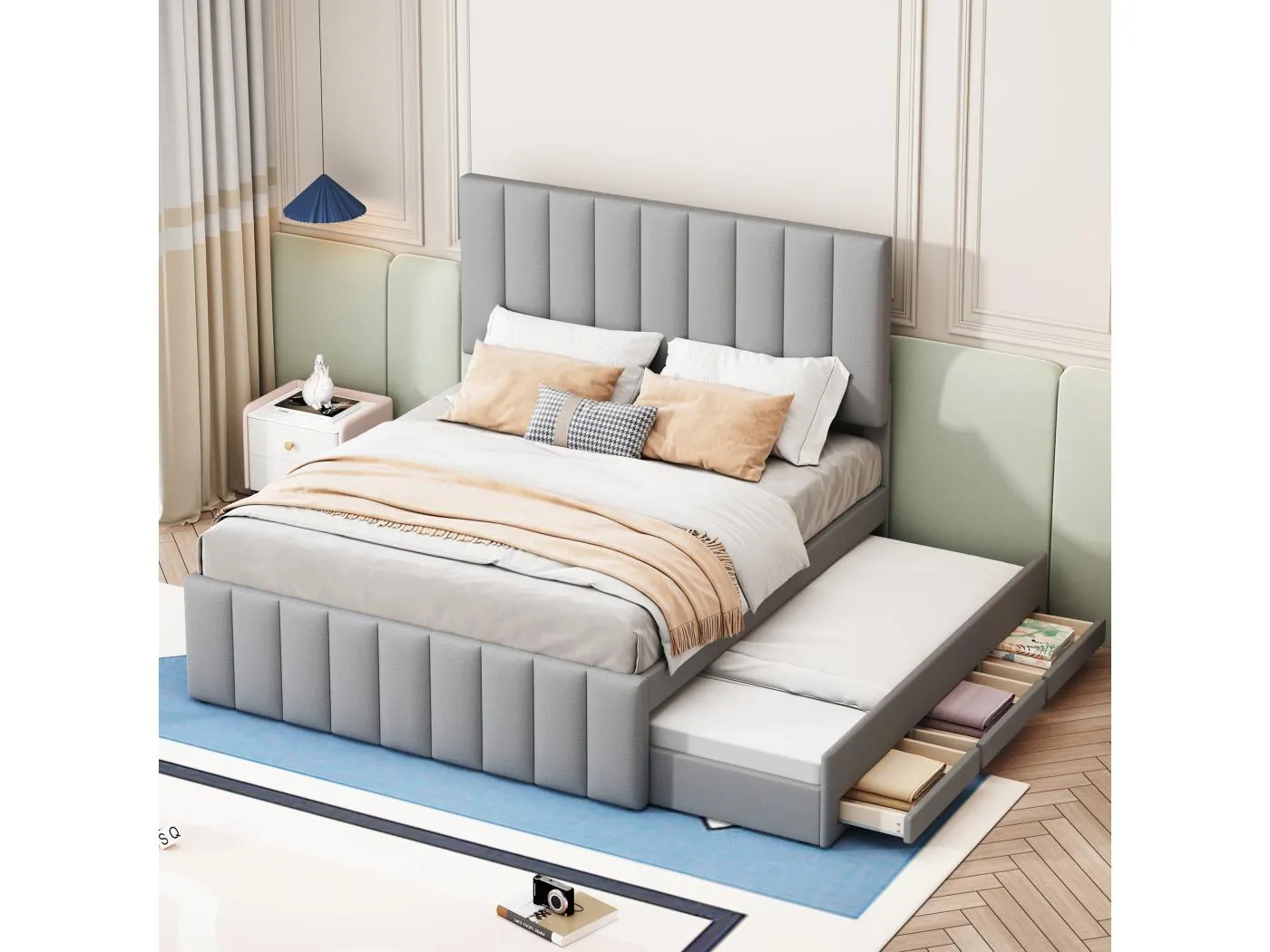 Ausziehbett 140 x 200 cm – Polsterbett mit Schubladen und Lattenrost – Leinenstoff – Grau – Ohne Matratze