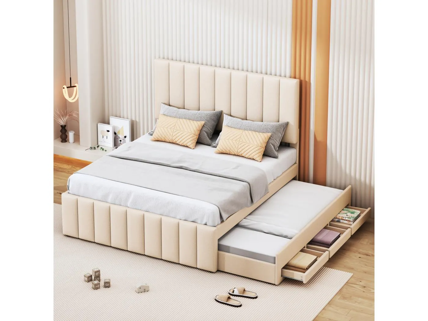 Ausziehbett 140 x 200 cm – Polsterbett mit Schubladen und Lattenrost – Leinenstoff – Beige – Ohne Matratze