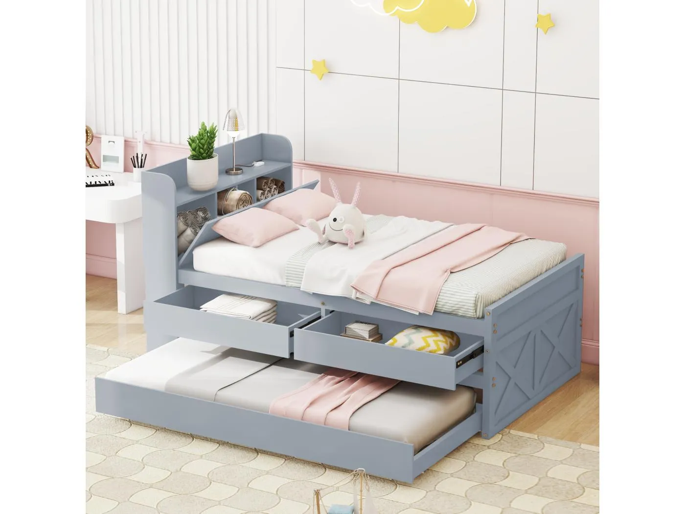 Ausziehbett 90x190 cm - Grau - Einzelbett mit USB-Ladegerät - 2 Schubladen - ohne Matratze