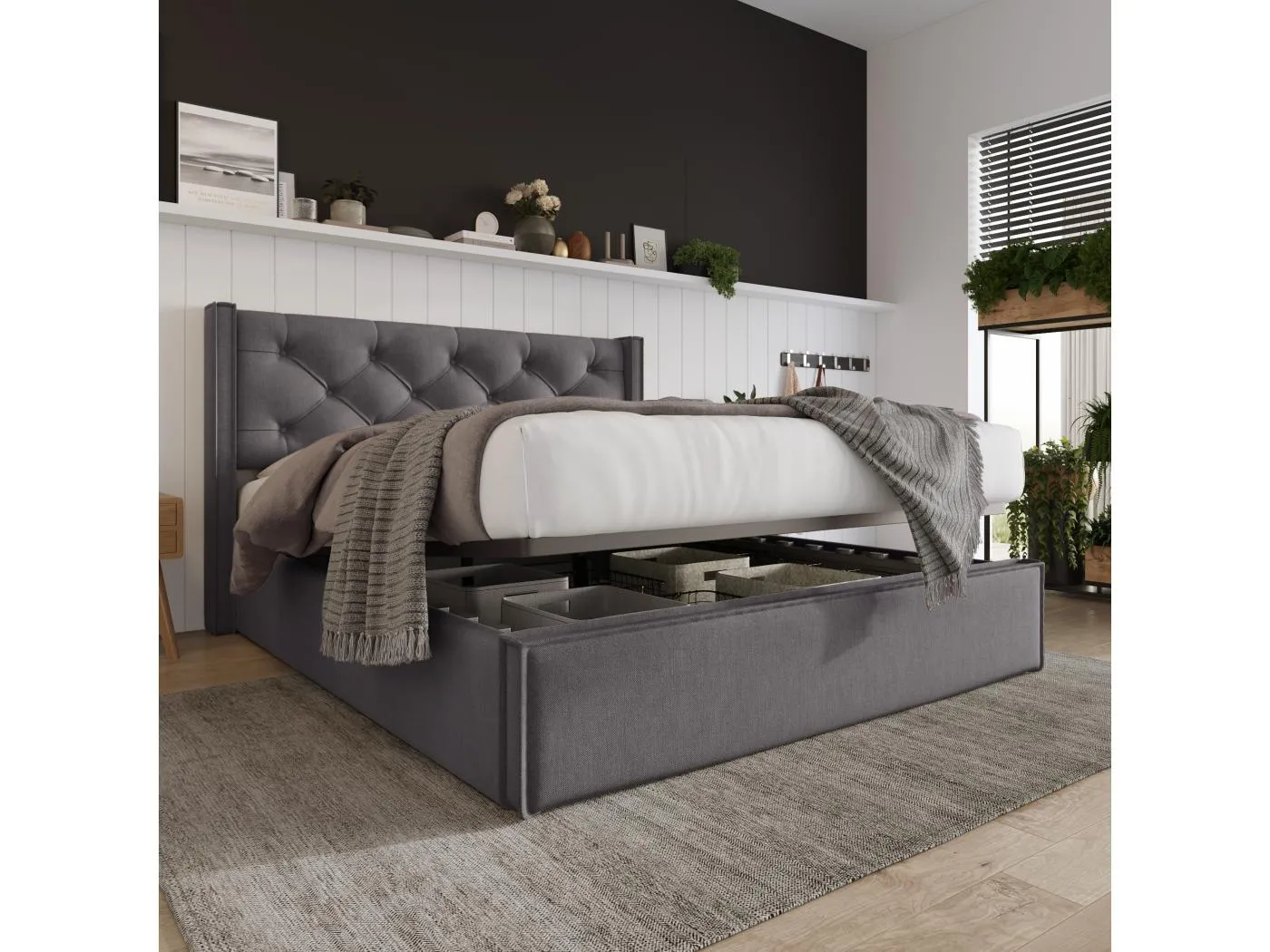 Stauraumbett 160x200 cm - Doppelbett mit gepolstertem Kopfteil und Lattenrost - Graue Baumwolle - Ohne Matratze