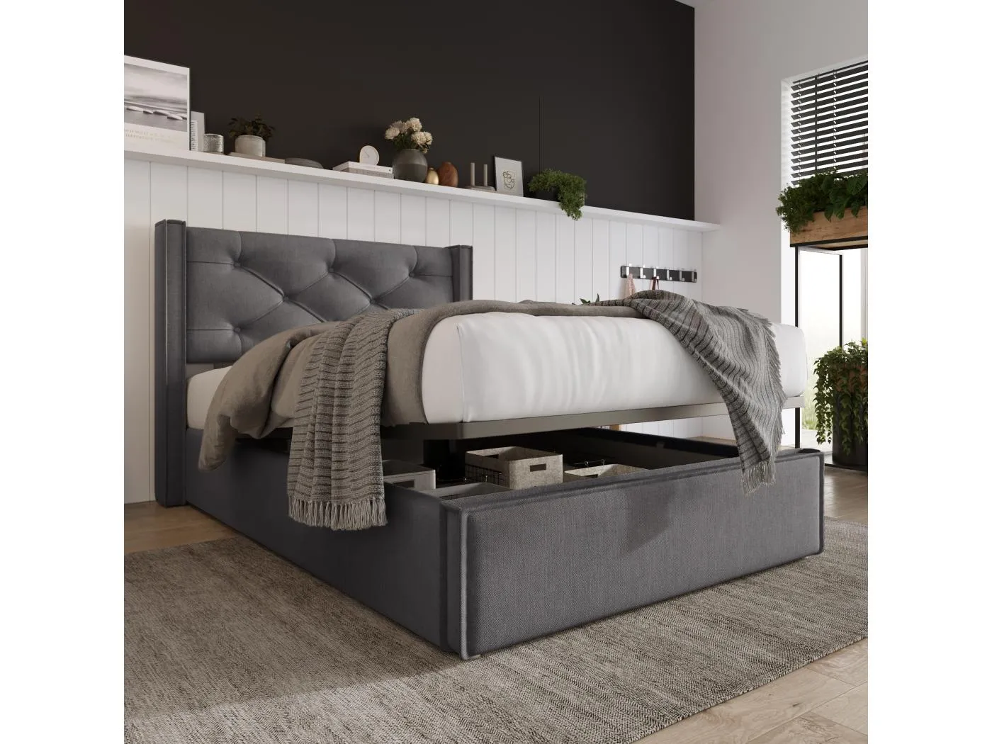 Stauraumbett 90x200 cm - Polsterbett mit Kopfteil und Lattenrost - Graue Baumwolle - Ohne Matratze