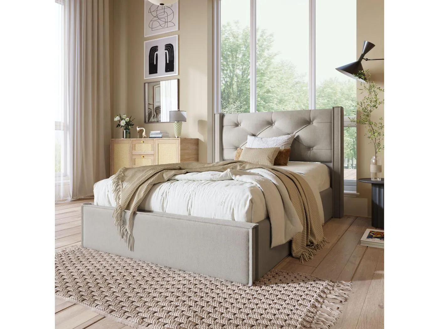 Stauraumbett 90x200 cm - Polsterbett mit Lattenrost - Hellgraue Baumwolle - Ohne Matratze