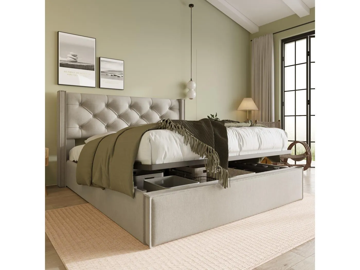 Stauraumbett 160x200 cm - Doppelbett mit gepolstertem Kopfteil und Lattenrost - Hellgraue Baumwolle - Ohne Matratze