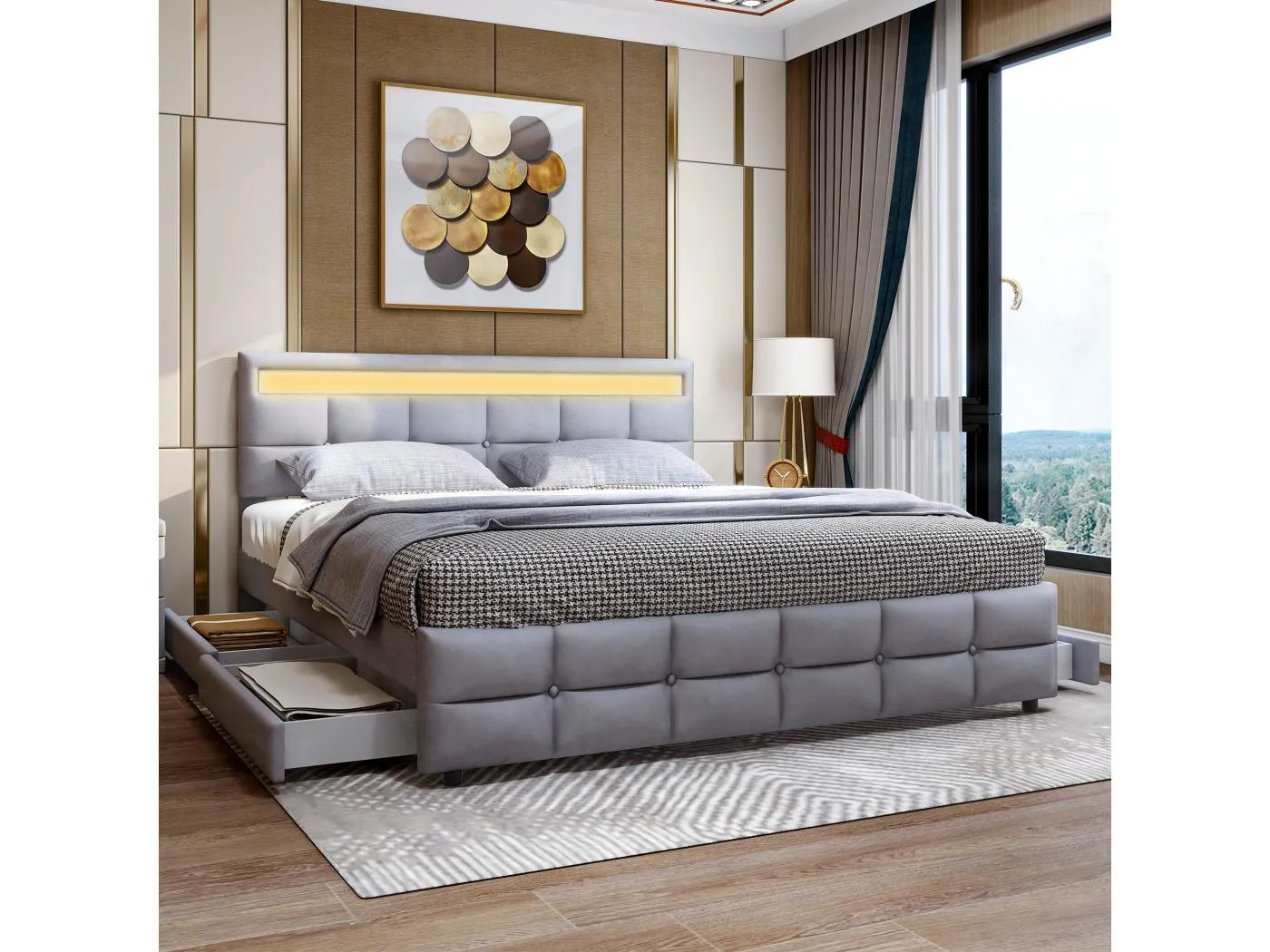 180 x 200 cm Bett – Grauer Samtstoff – Doppelbett mit 4 Schubladen und LED-Beleuchtung – ohne Matratze