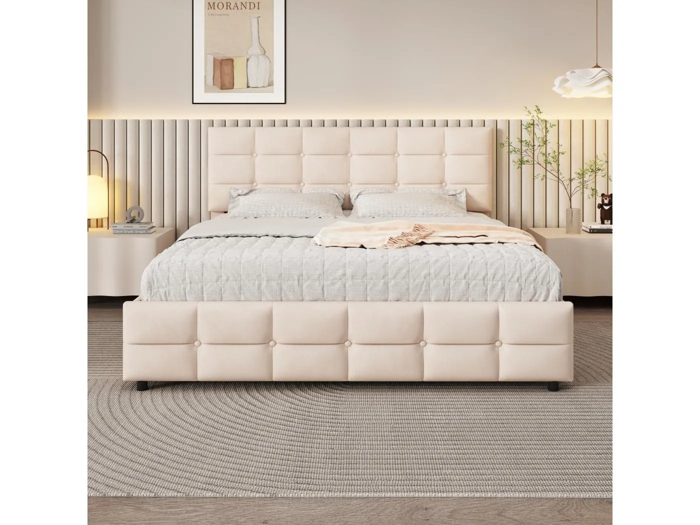 180 x 200 cm Bett – Beigefarbener Samtstoff – Erwachsenenbett mit 4 Schubladen und Lattenrost – ohne Matratze