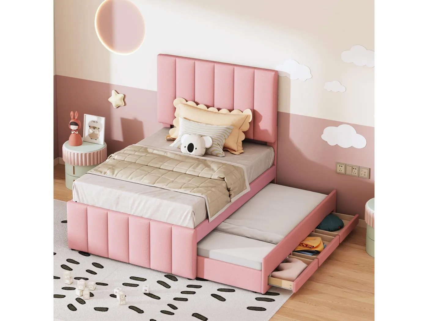 Ausziehbett 90 x 200 cm – Polsterbett mit Schubladen und Lattenrost – Leinenstoff – Rosa – Ohne Matratze