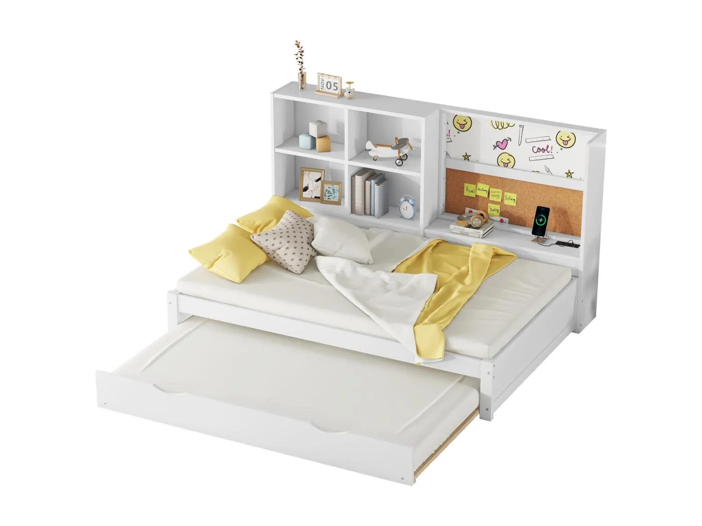 Weiß 90 * 200cm Sofa - Bett mit Ausziehbett, USB-Ladeanschluss, mehrere Staufächer