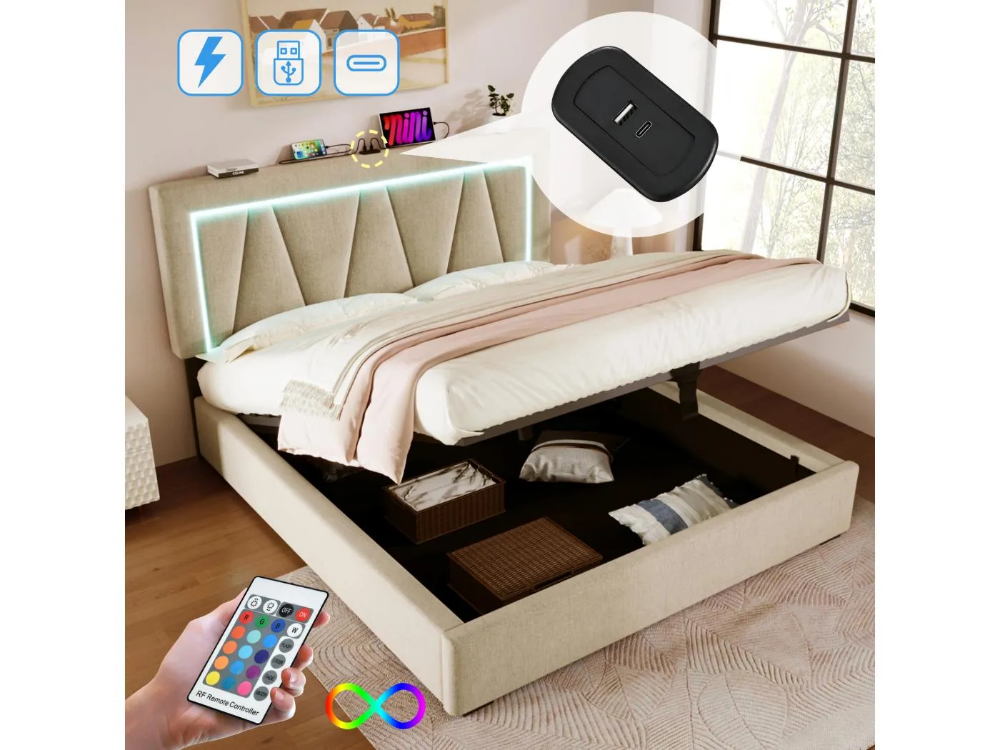 Stauraumbett 140 x 200 cm für Erwachsene – USB + Typ C + LEDs – Leinenstoff – Beige