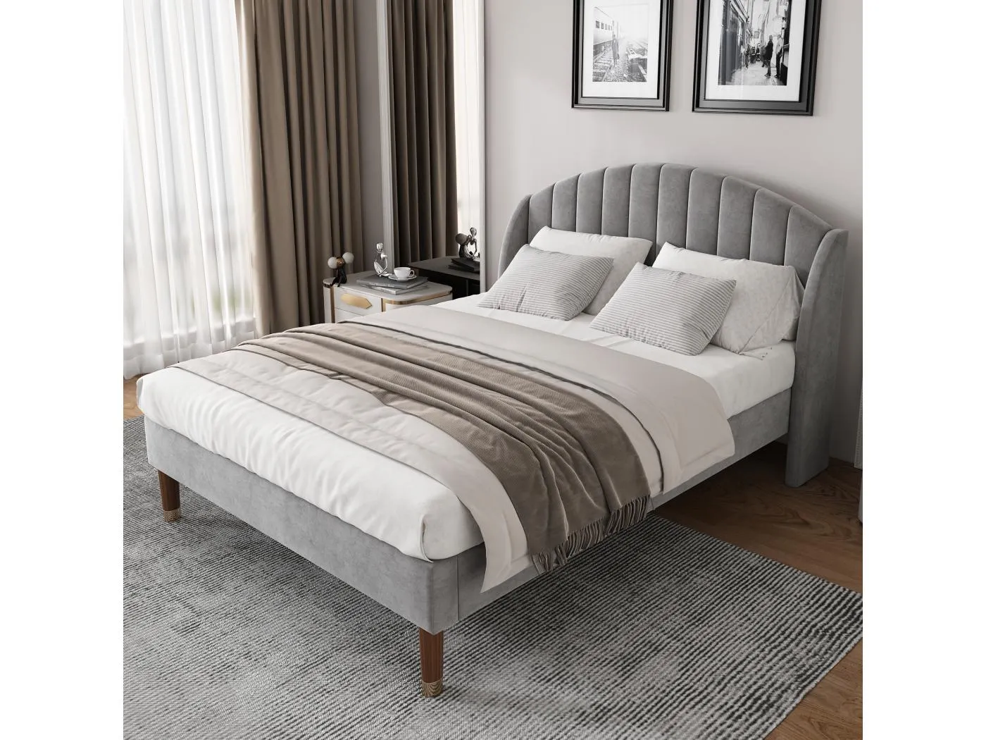 Bett 140 x 200 cm - grauer Samt - gepolstertes Bett mit Holzlattenrost und Kopfteil - ohne Matratze