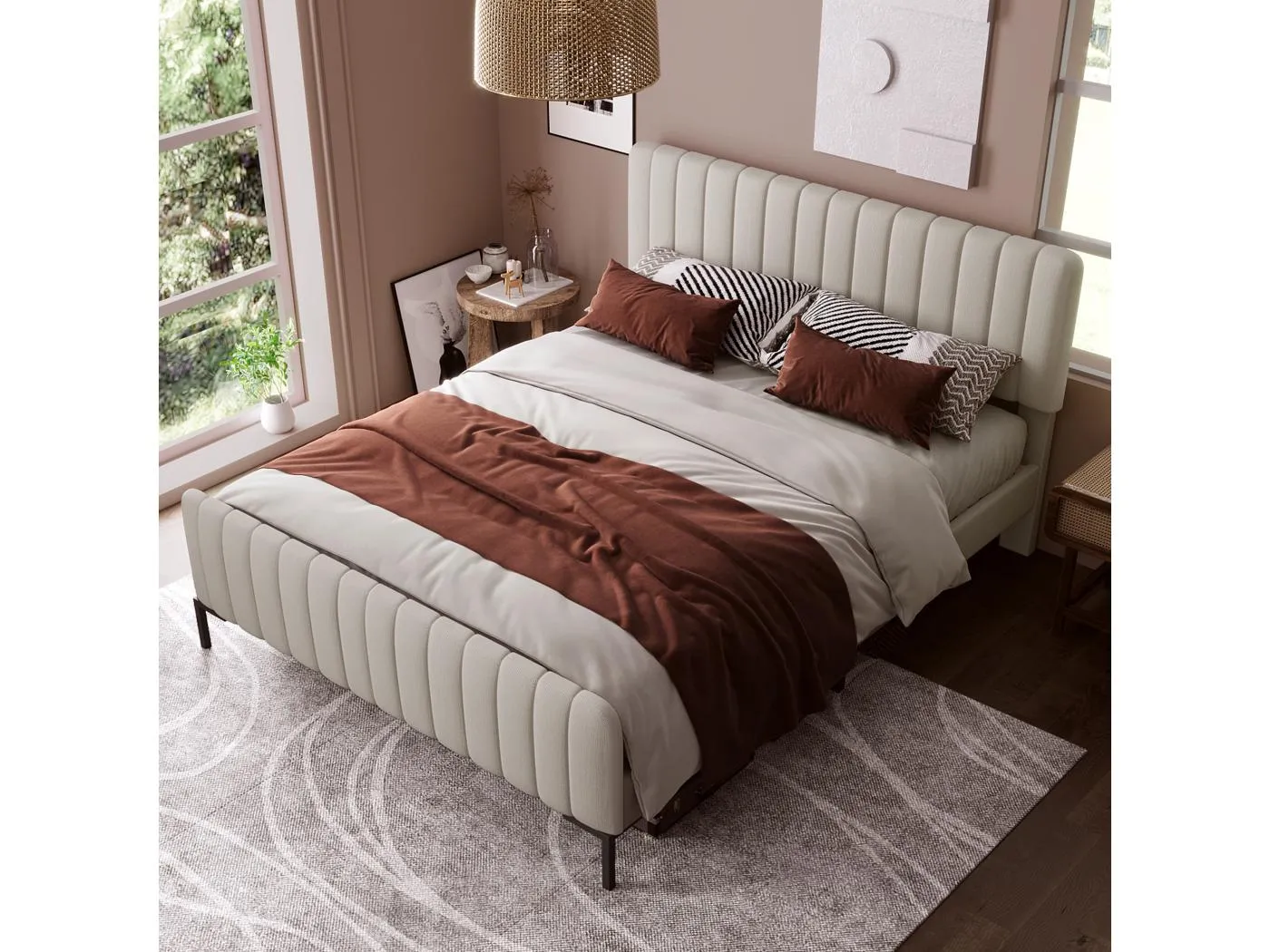 Bett 140 x 200 cm - Beigegraues Leinen - Erwachsenenbett mit Lattenrost und verstellbarem Kopfteil - ohne Matratze