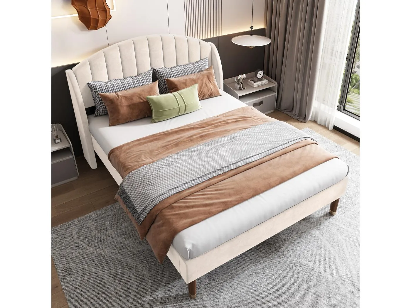 Bett 140 x 200 cm - beige Samt - gepolstertes Bett mit Holzlattenrost und Kopfteil - ohne Matratze