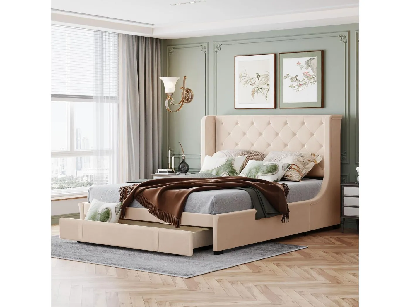 Bett 140 x 200 cm – beigefarbenes Leinen – Polsterbett mit Rückenlehne und Schublade – Matratze nicht enthalten