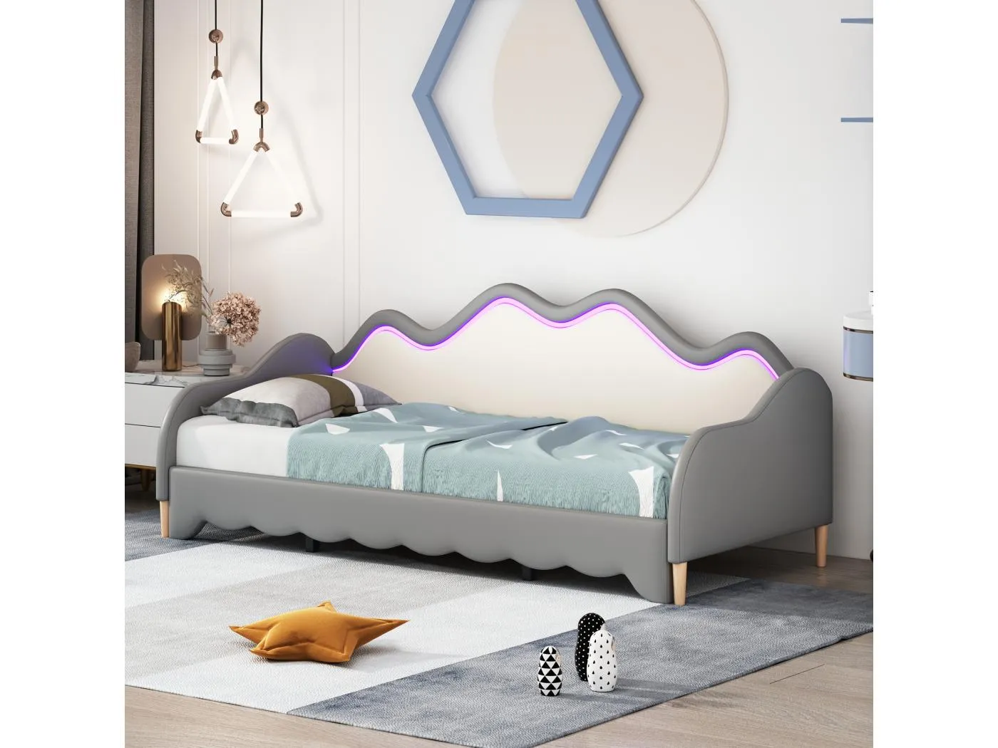 Ausziehbett 90(180) x 190 cm – Schlafsofa mit LED-Beleuchtung – Holzlattenrost – graues Kunstleder