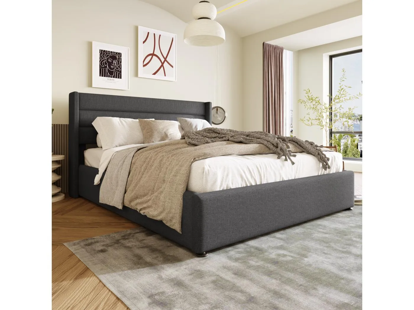 140 x 200 cm Bett mit Stauraum – Graues Leinen – Bett mit gepolstertem Kopfteil und Lattenrost – Ohne Matratze