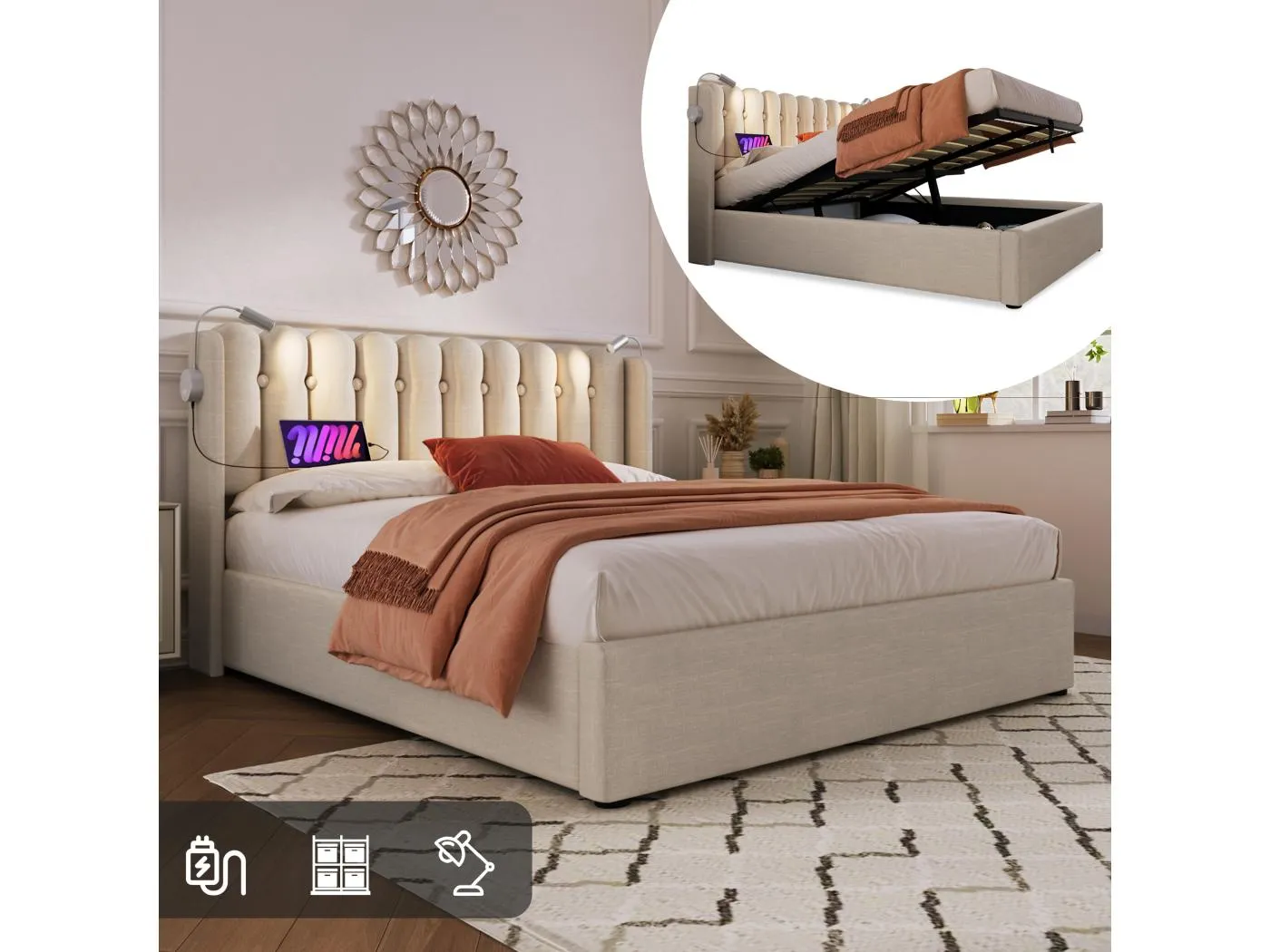 Stauraumbett 160x200 cm – Leinen natur – Erwachsenenbett mit Leselicht und Ladefunktion – ohne Matratze