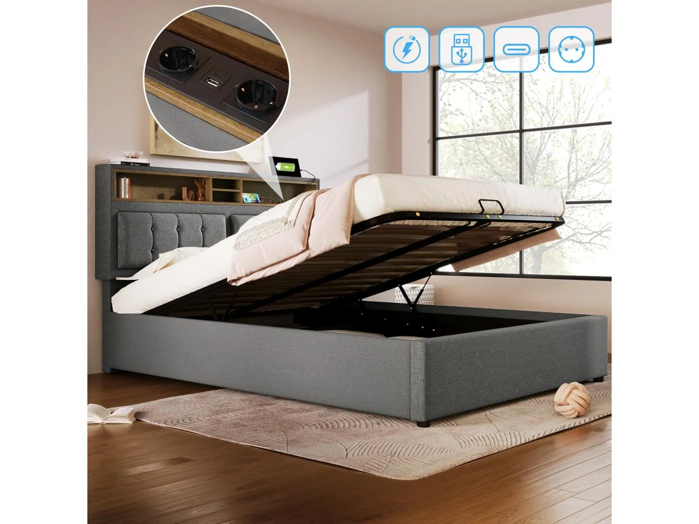 140 x 200 cm Bett mit Stauraum – Graues Leinen – Jugendbett mit Steckdosen und USB-Anschlüssen – Verstellbares Kopfteil – Ohne Matratze