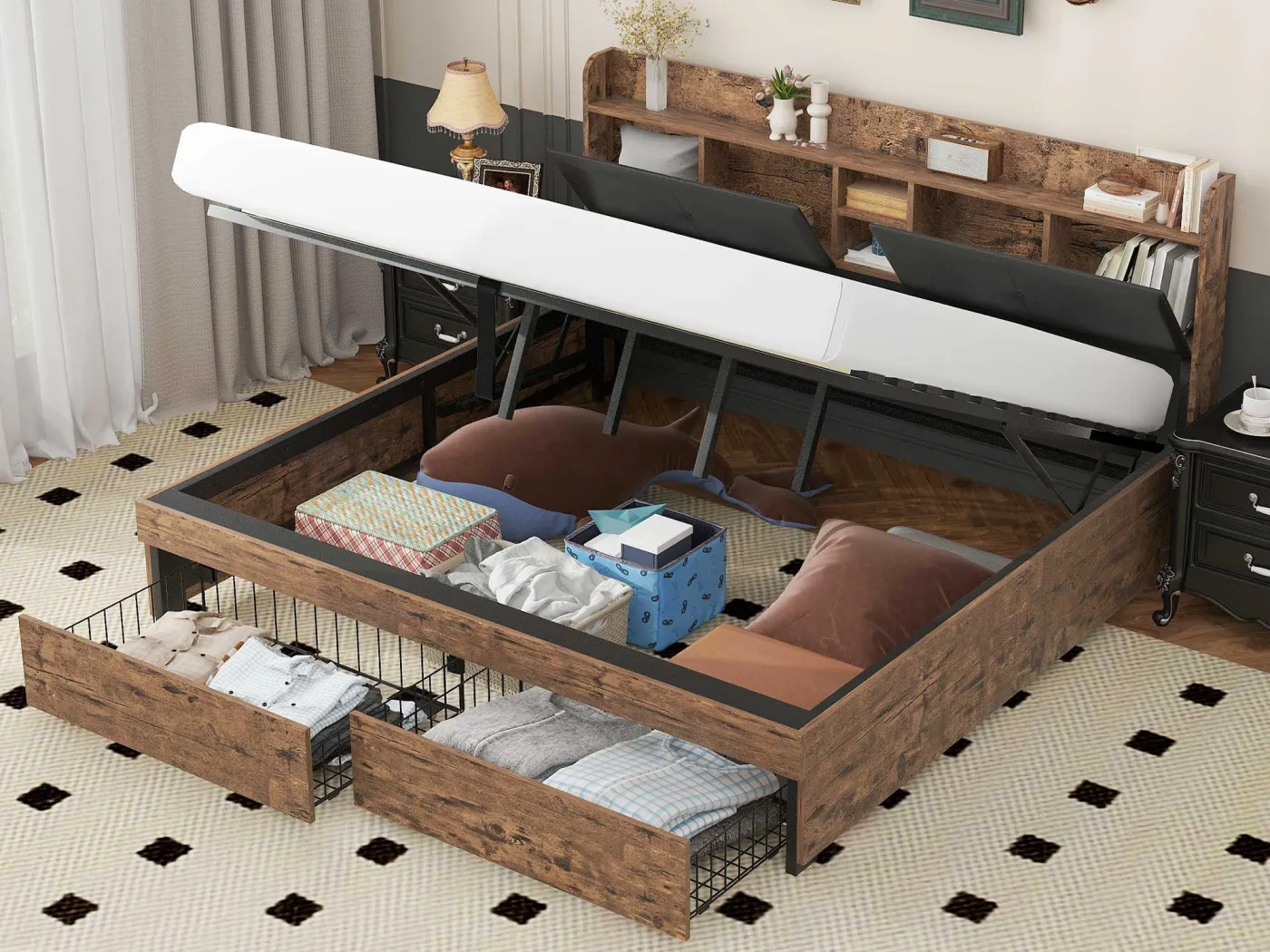 Stauraumbett 180 x 200 cm mit Stauraum-Kopfteil – Holz + Metall – Schwarz + Braun