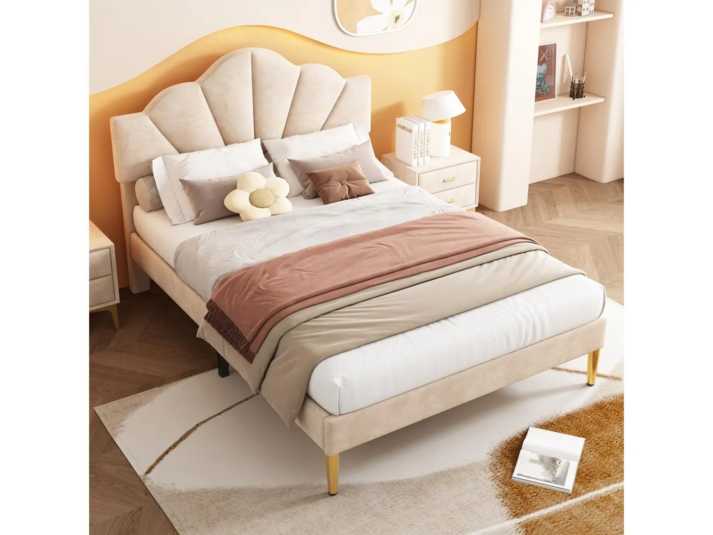 Bett 140 x 190 cm – beige Samt – Jugendbett mit verstellbarem Kopfteil und Holzlattenrost – ohne Matratze