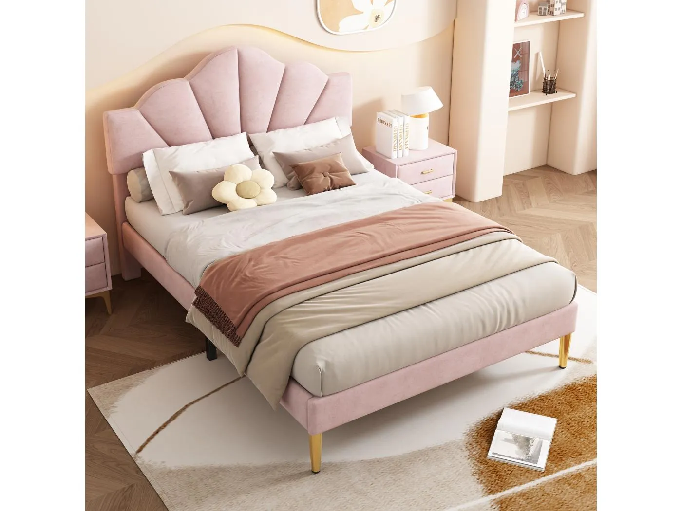 Bett 140 x 190 cm – rosa Samt – Jugendbett mit verstellbarem Kopfteil und Holzlattenrost – ohne Matratze