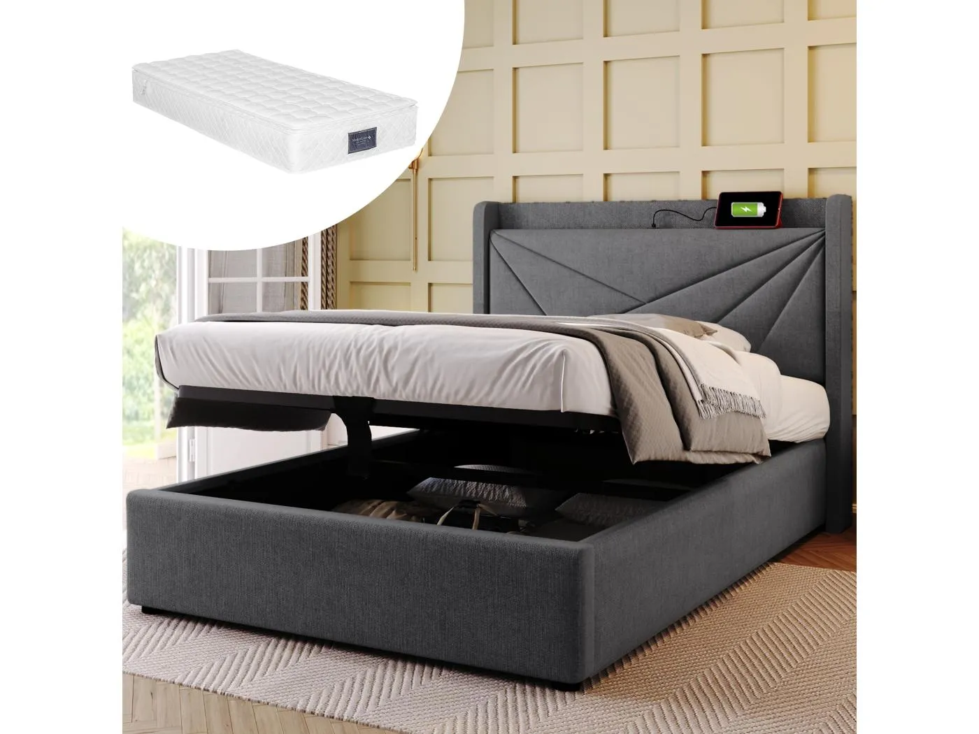 Stauraumbett 90 x 200 cm mit Kopfteil – USB + Typ C – Leinenstoff – Grau + Matratze