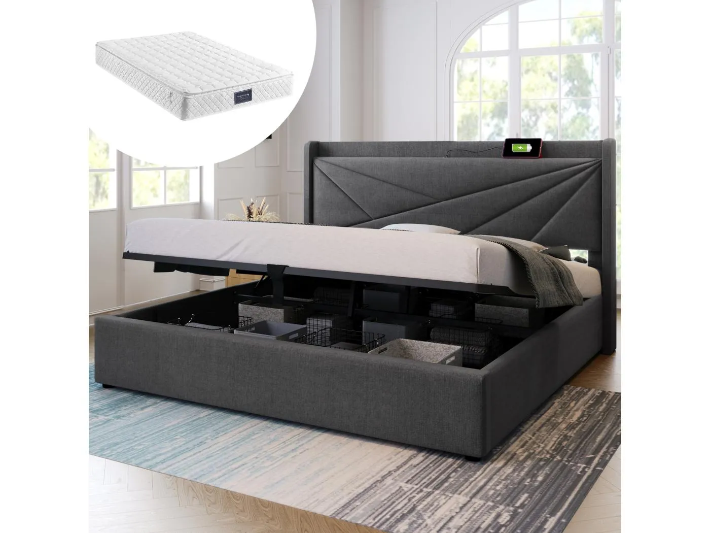 Stauraumbett 140 x 200 cm mit Kopfteil – USB + Typ C – Leinenstoff – Grau + Matratze