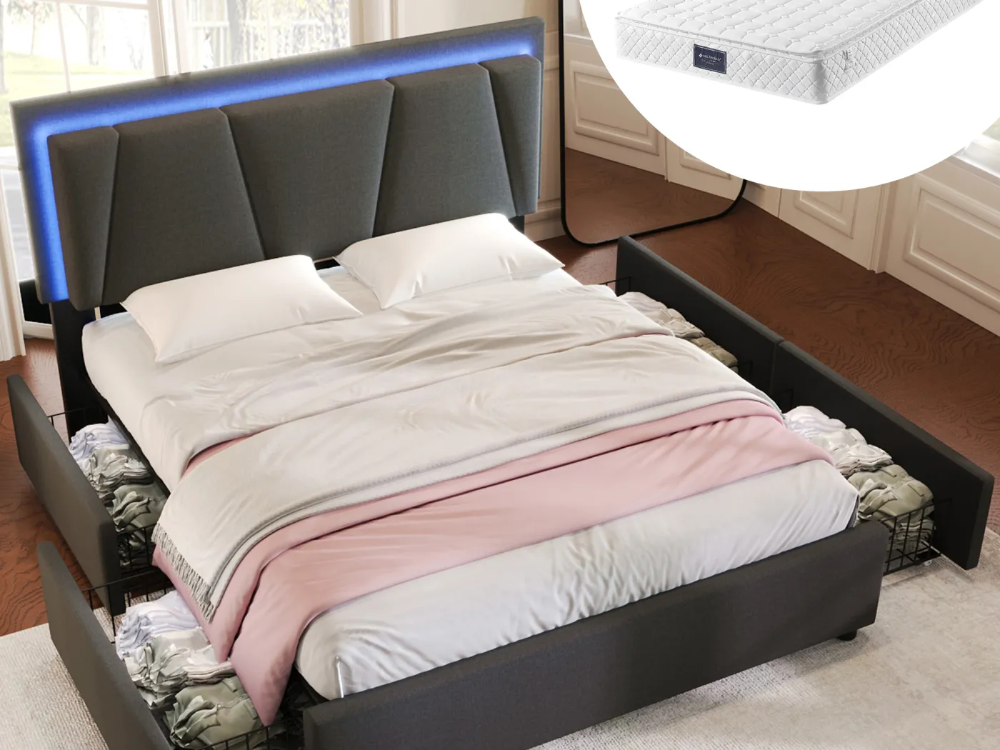 160 x 200 cm großes Bett mit verstellbarem Kopfteil – 4 Schubladen – LEDs – Lattenrost – graue Farbe + Matratze