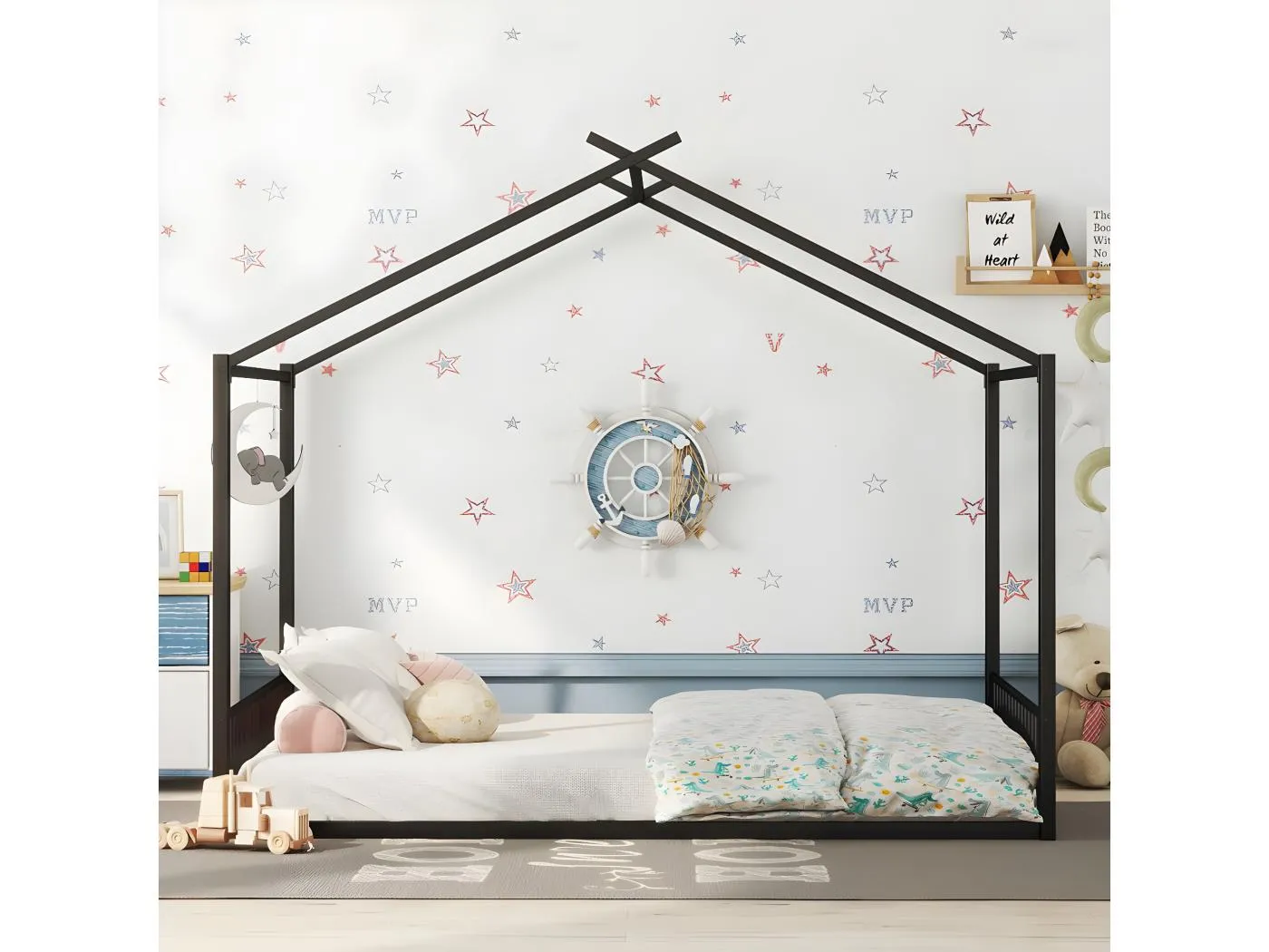 140*200cm Flachbett, Bett mit Eisenrahmen, Kinderbett, Hausstange, Schwarz