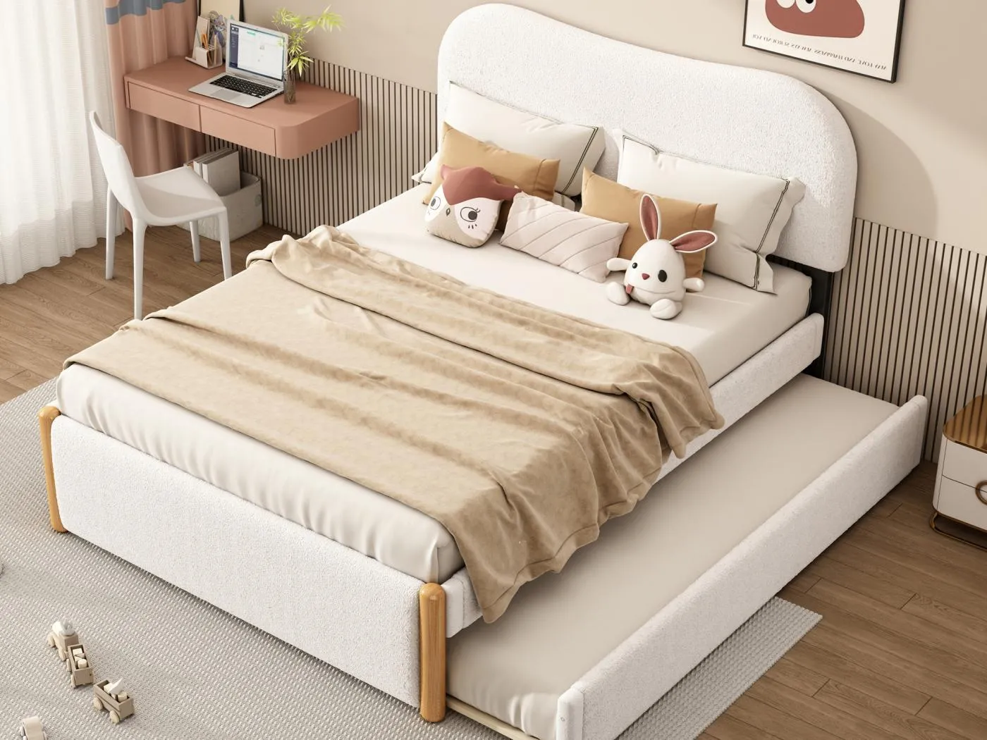 Ausziehbett 140 x 200 cm + 90 x 190 cm – moderner Stil – Plüschstoff – Lattenrost – weiß