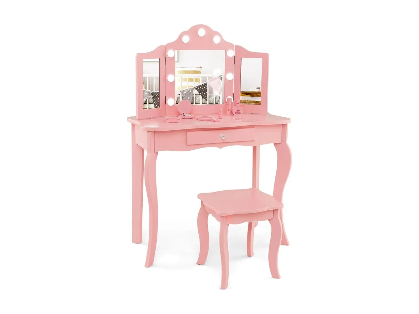 2 in 1 Kinder Schminktisch, Frisiertisch mit LED-Leuchten, klappbarem Spiegel & Schubladen, Kosmetiktisch Prinzessin für Kinder Mädchen(Rosa) TK32457