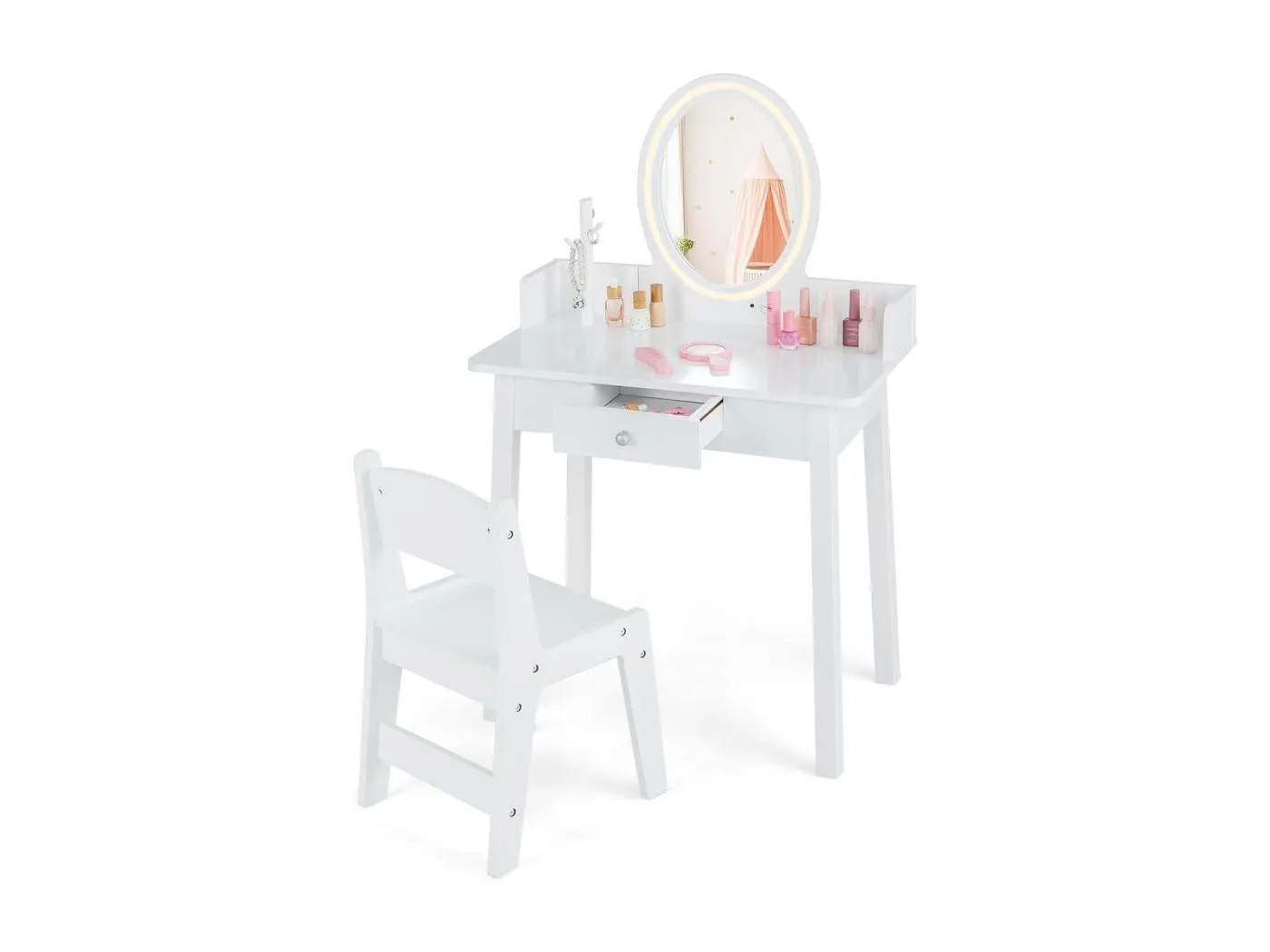 2 in 1 Kinder Schminktsich mit Hocker, Frisiertisch mit beleuchtetem Spiegel, Schublade & Schmuck-Organizer, Kosmetiktisch Prinzessin aus Holz für Kinder Mädchen, Weiß