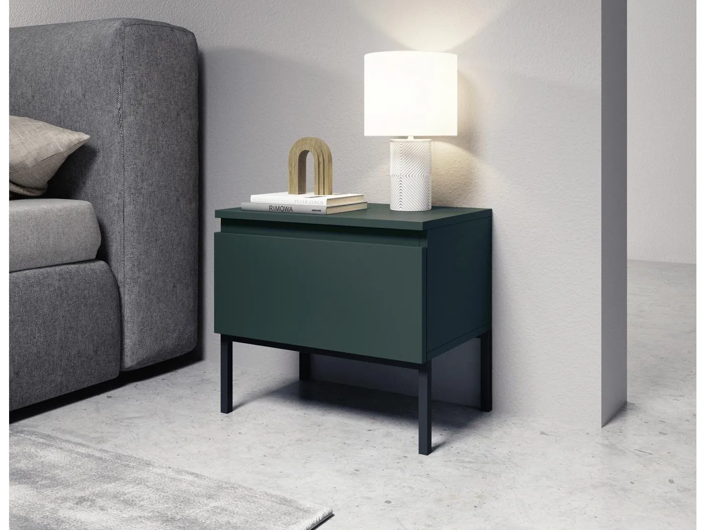 Nachttisch, Dunkelgrün mit Metallbeinen - Bemmi