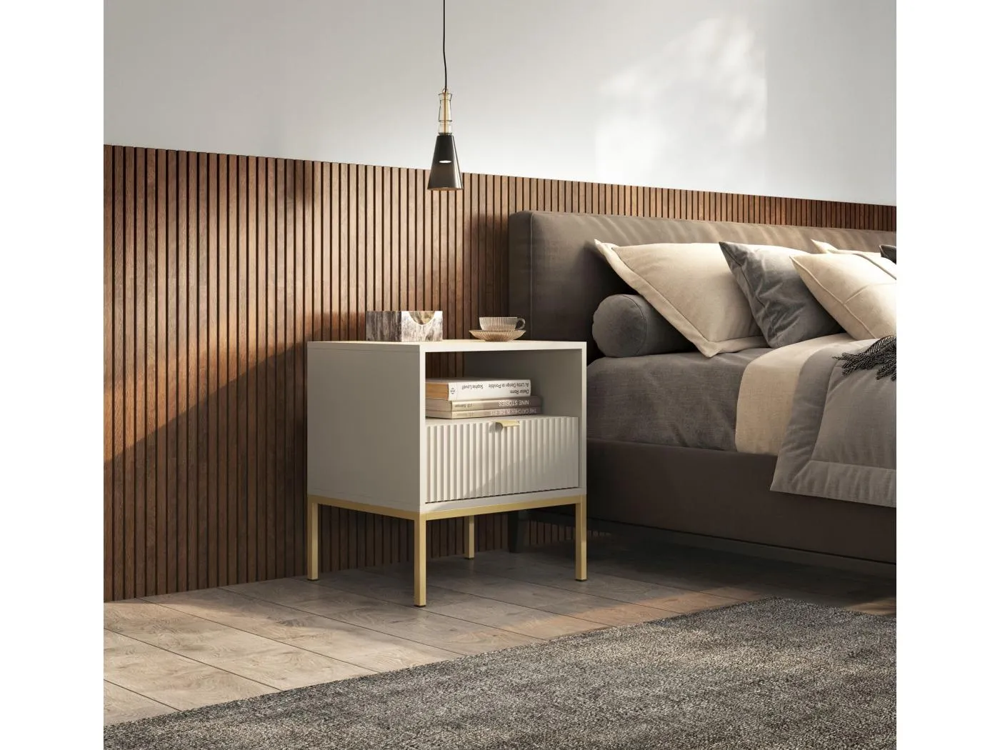 Nachttisch - Greige mit goldfarbenem Gestell - 54 cm - VELLORE