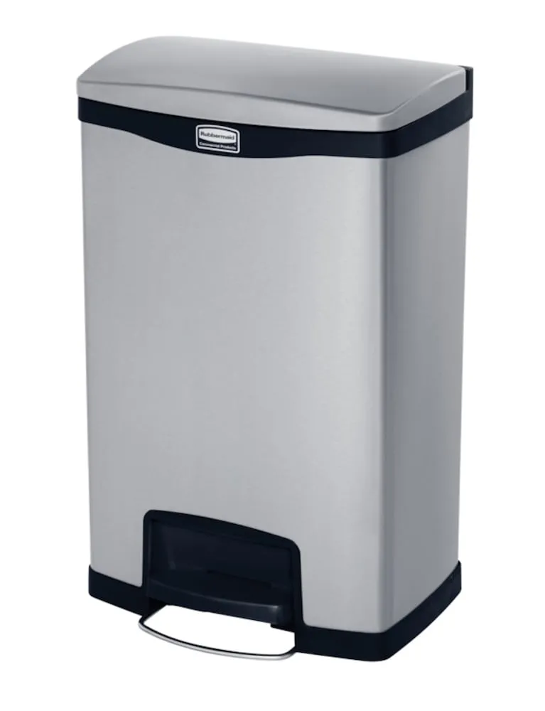 Rubbermaid Slim Jim Step On Container Front Step Pedal-Abfalleimer | 50 Liter, HxBxT 71,9x29,2x45,6cm | Edelstahl | Silber mit schwarzem Akzentstreifen