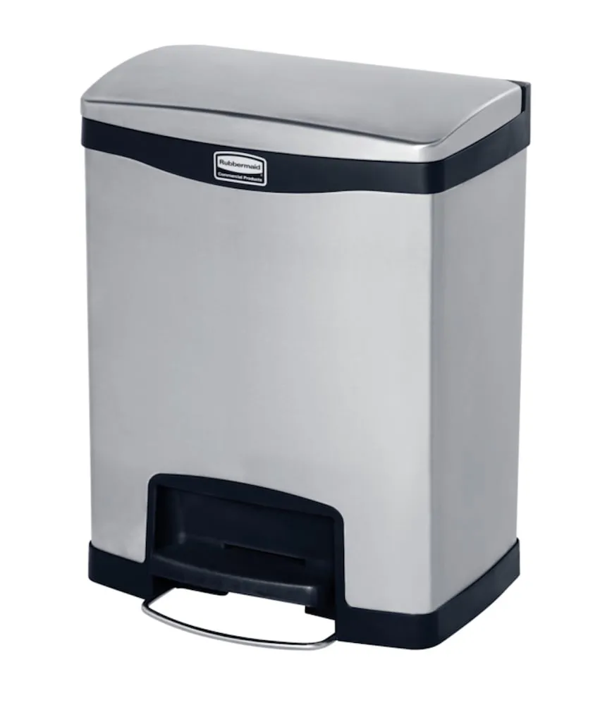 Rubbermaid Slim Jim Step On Container Front Step Pedal-Abfalleimer | 30 Liter, HxBxT 55,5x32,6x42,8cm | Edelstahl | Silber mit schwarzem Akzentstreifen
