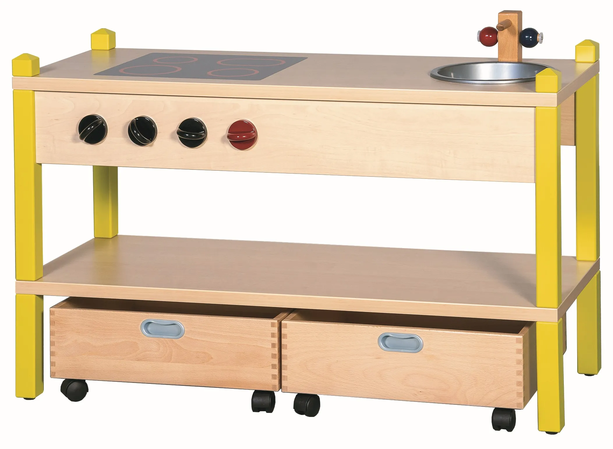 Kinderküche mit Spiel-Herd, Spiel-Spüle und Massivholz-Rollkästen, Stollen