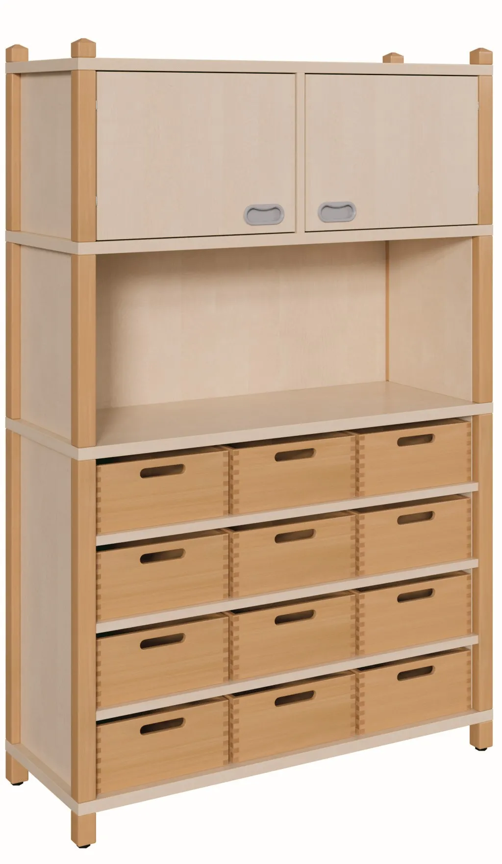 Stollenschrank mit 12 großen Massivholzkästen und Oberschrank, Breite 106 cm