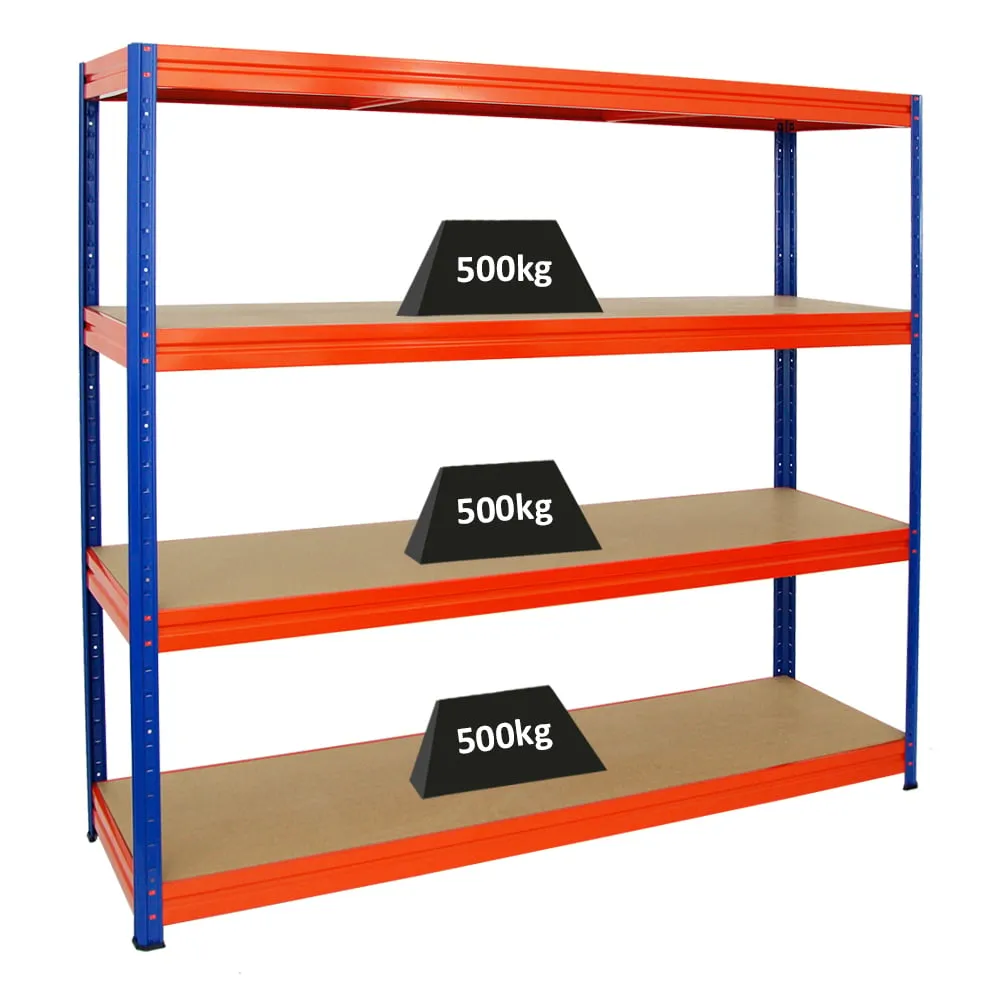 Schwerlastregal DINO | HxBxT 180x200x60cm | 4 MDF-Platten-Ebenen 6,5 mm | Fachlast 500kg | Blau/Orange