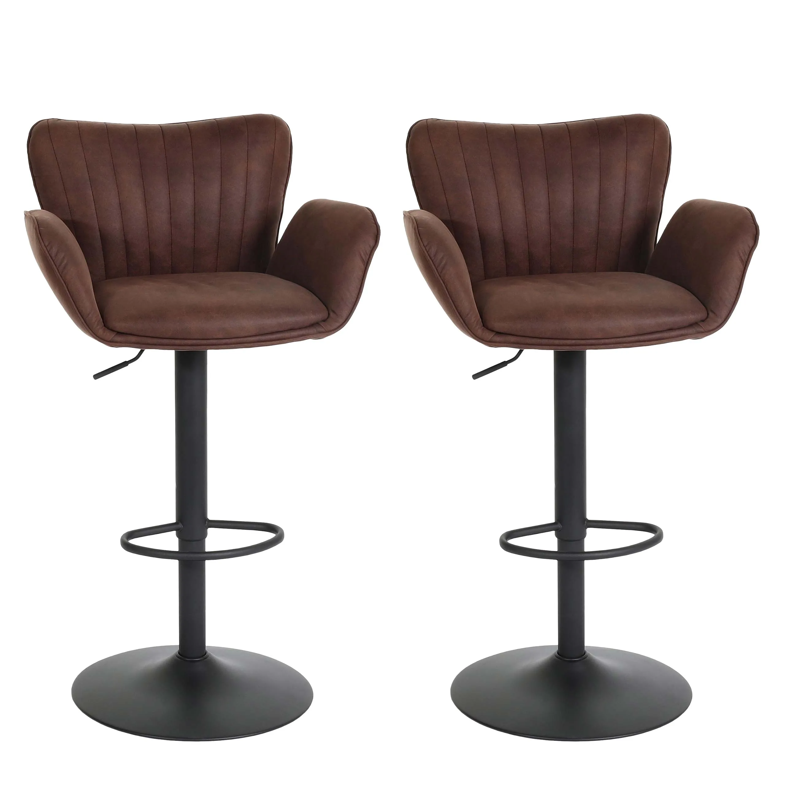 2er-Set Barhocker gepolstert mit Lehne | Sitzhöhe 66-90cm | mit Armlehne Fußablage drehbar Stoff/Textil Eisen | Dunkelbraun Fuß Schwarz | Barstuhl